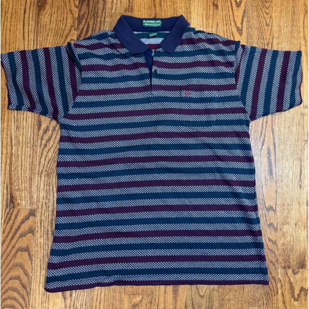 Vintage Slammer USA Munsingwear Striped Polo Shirt Mens XL Navy Burgundy Penguin